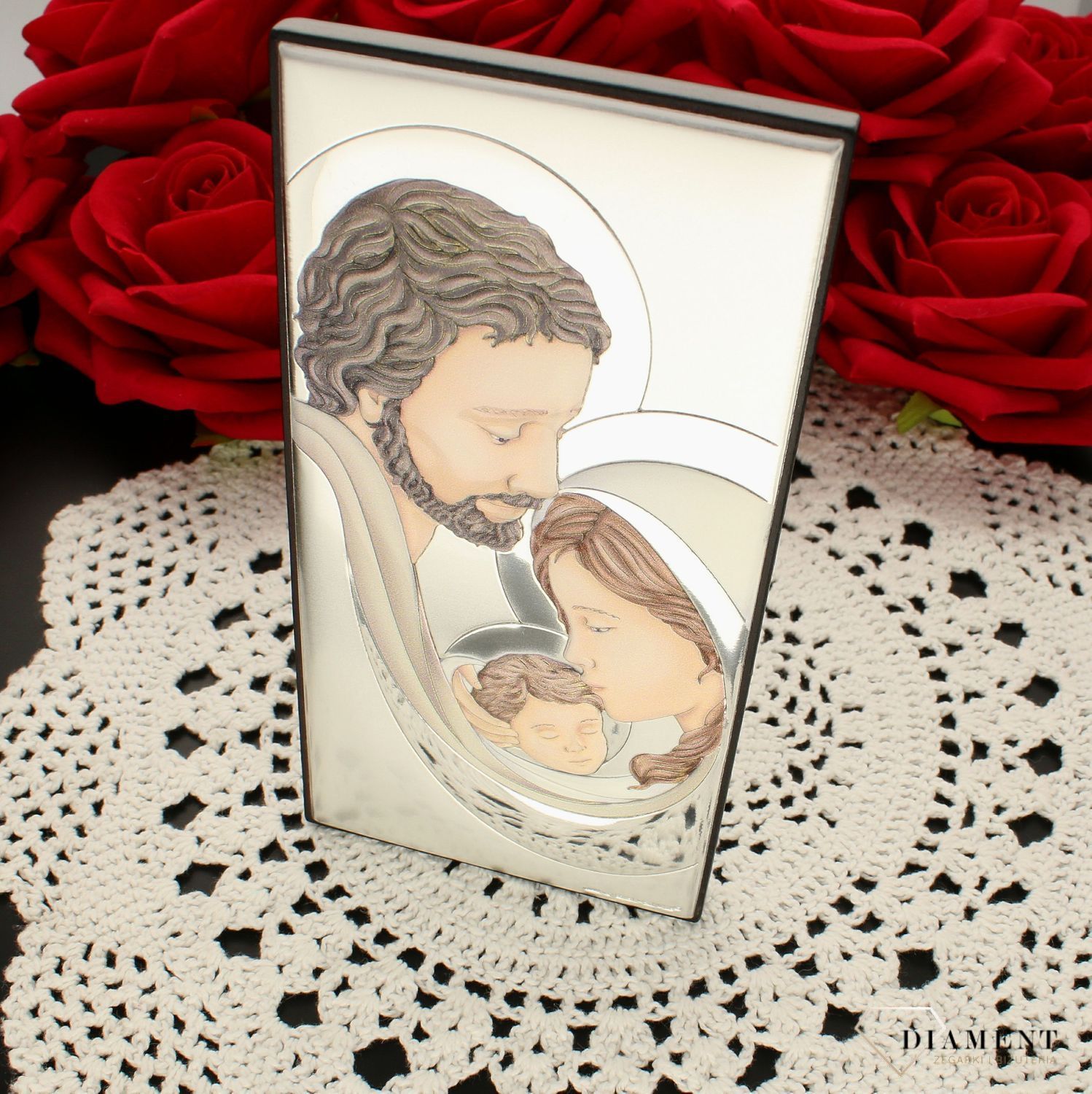 Obrazek srebrny Rodzina Święta w kolorze 6650.2 COL. Idealna pamiątka ślubu dla pary młodej lub na rocznicę zawarcia sakramentu małżeństwa. Obrazek z jezusem maryją i józefem. Obrazek święty na ślub..jpg